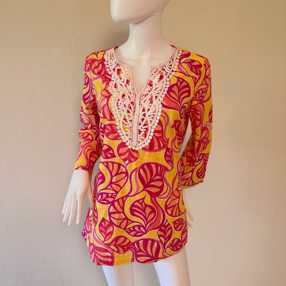 Pappagallo Womens Pink Orange Tropical Leaf Crochet Lace Trim Cotton Tunic Top S